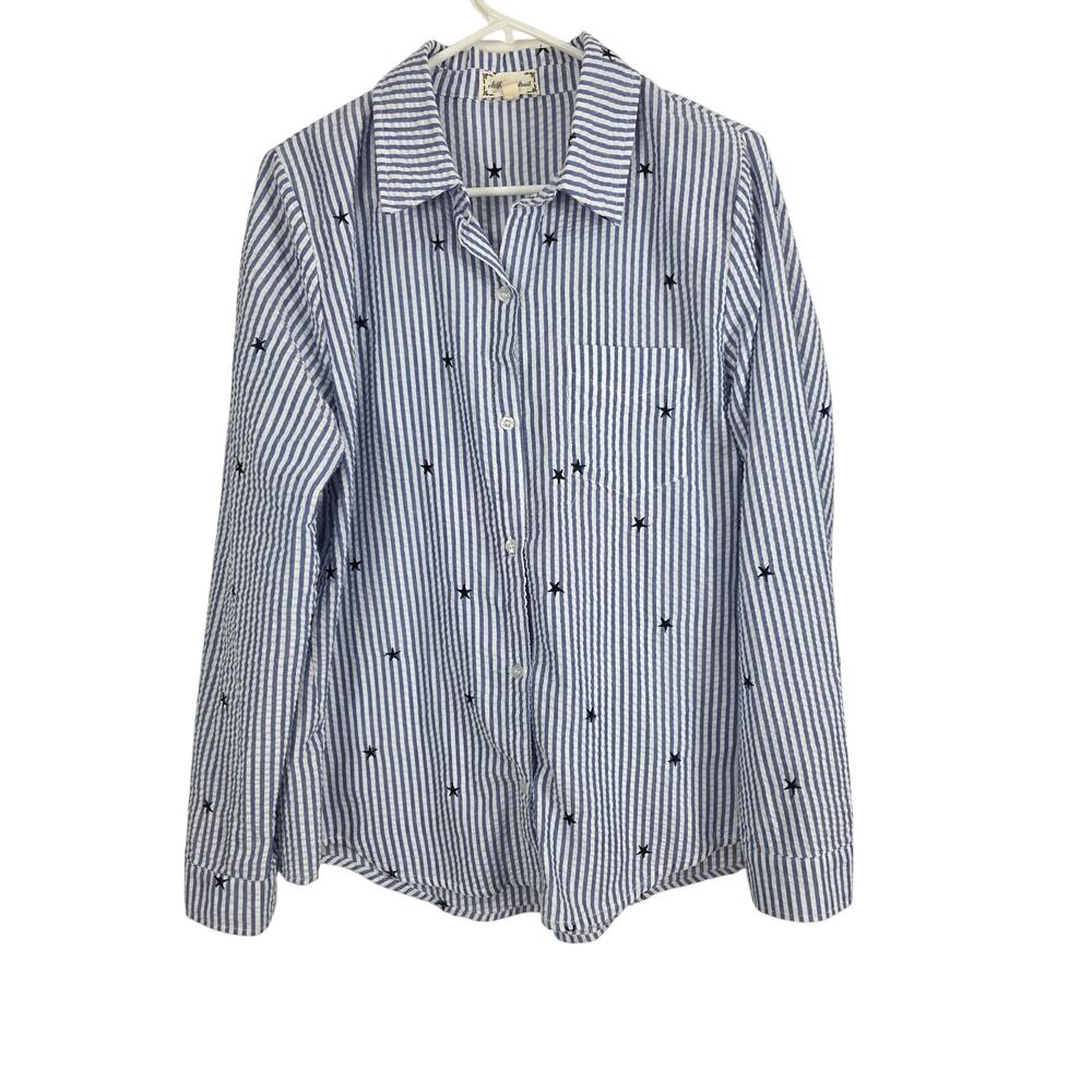 Cloth &‎ Portrait Coquette Seersucker Button Front Top Large Star Embroirdered